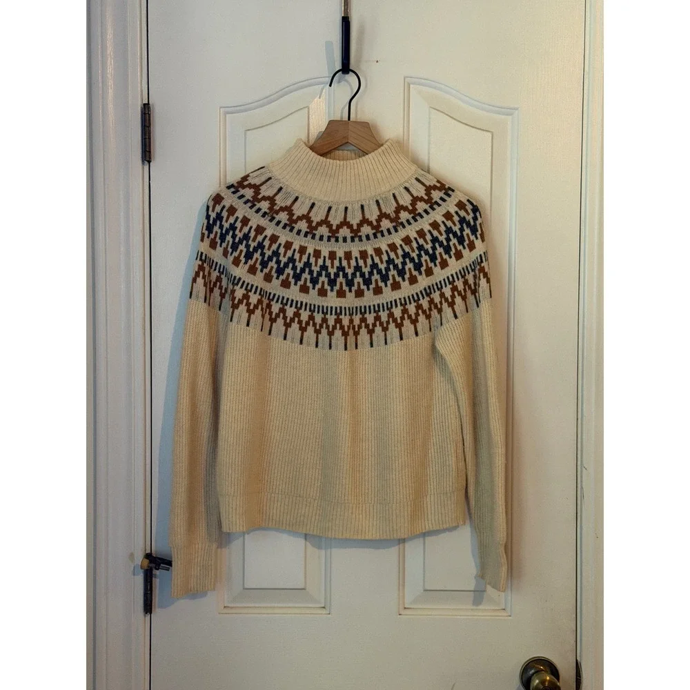 J.Crew | Fair Isle Mockneck Pullover Sweater Small Cream BM179 Lambswool
